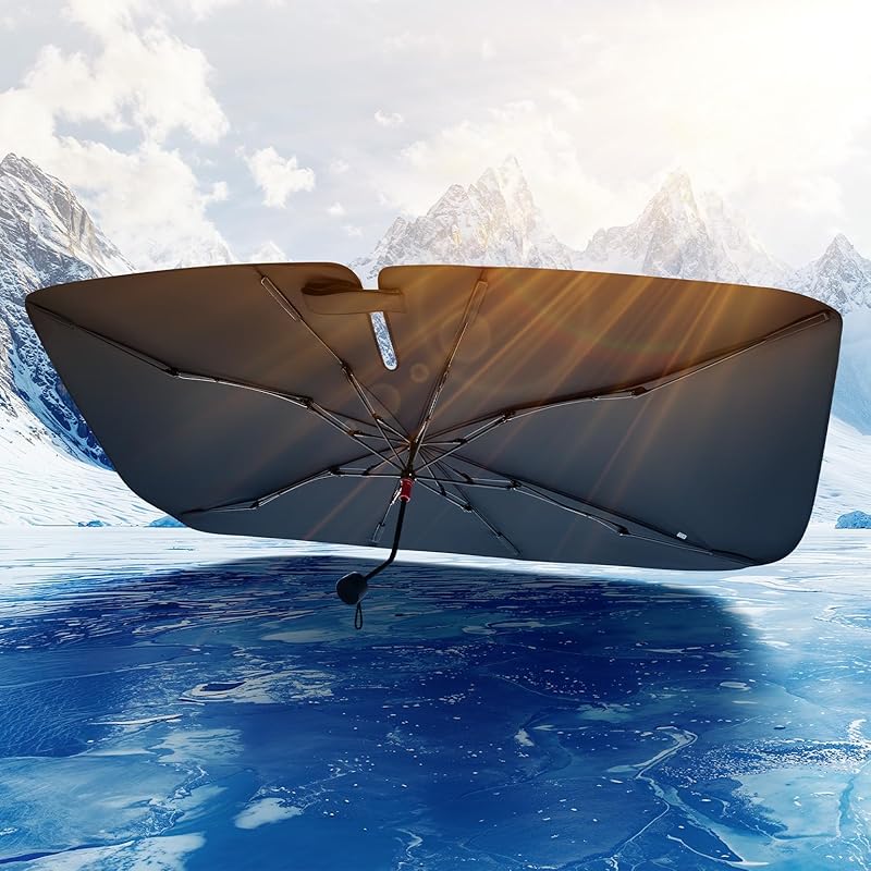 JOYTUTUS Windshield Sun Shade Umbrella, Upgraded 360° Rotation Bendable Shaft Handle, Foldable For Mini Car/Hatchback, Automotive Interior Sun