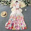 Spring new court style retro stand-up collar dress female European and American celebrities waist single-breasted printed dress