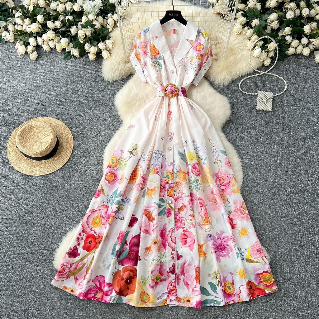 Spring new court style retro stand-up collar dress female European and American celebrities waist single-breasted printed dress