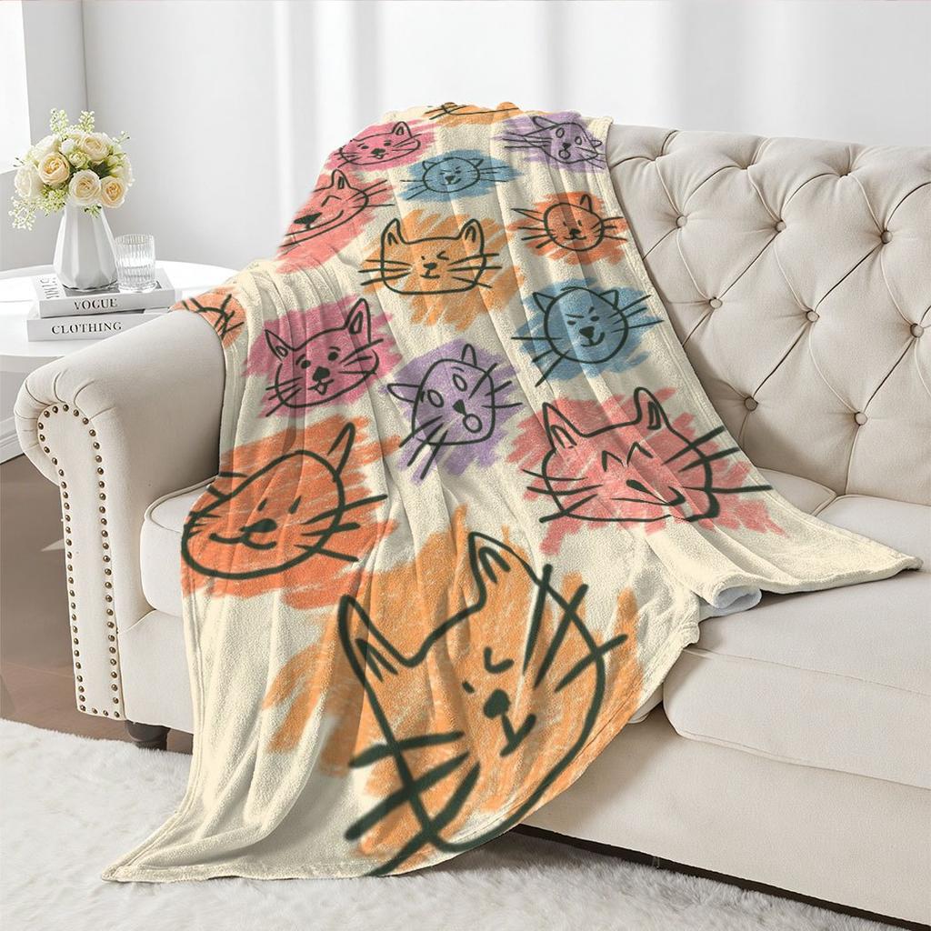 Cute Cat Face Flannel Throw Blanket – Colorful Cartoon Design, Soft Cozy Fleece for Home, Office, Couch & Car