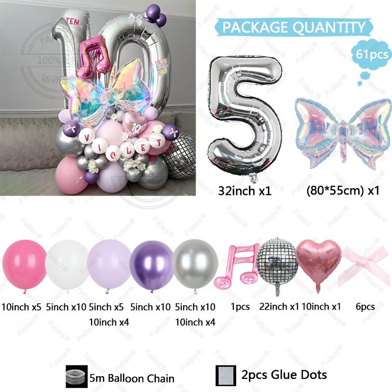 62pcs Colorful Bow Disco Balloon Silver Number Birthday Balloon Set Pink Music Note Children Adult Festive Party Decoration