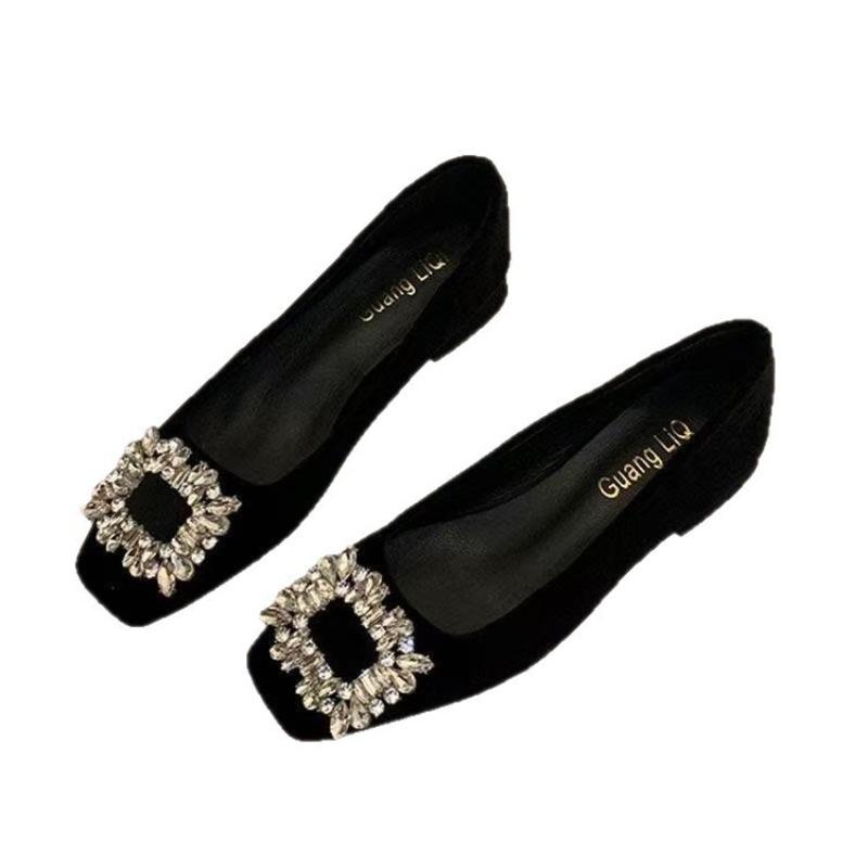 Premium autumn new black square head temperament low heel rhinestone high heels versatile commuter women's shoes