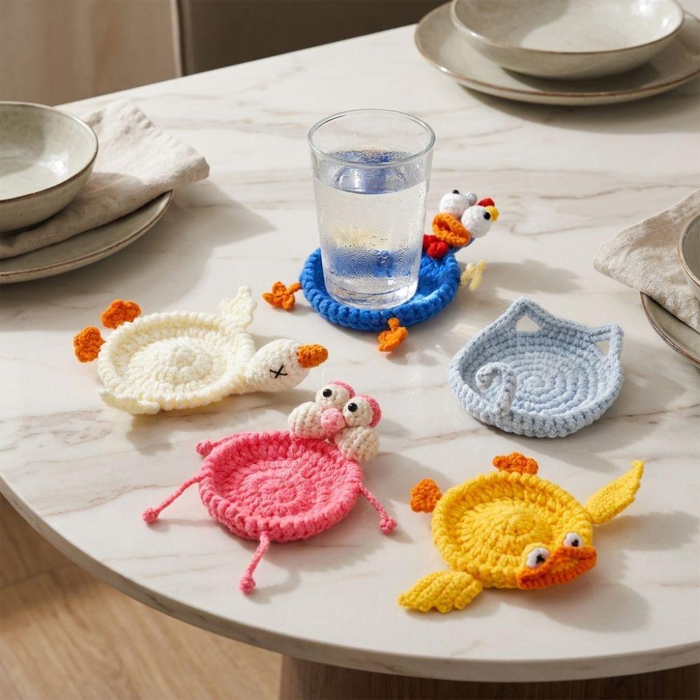 Non-Slip Crochet Animal Coaster Finished Cute Knitted Cup Mat Handwoven Coaster Coffee Cup