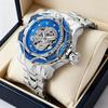 Eine Herren-Silberblau Street Trend Cool Vollautomatisch Geschnitztes Drachenmuster Mechanische Uhr