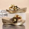 Fashion New Plus Size Women's Peep-Toe Wedge Sandals Glitter Rhinestone Flower Embellished Slip-On Slippers 2025 Summer Casual Shoes