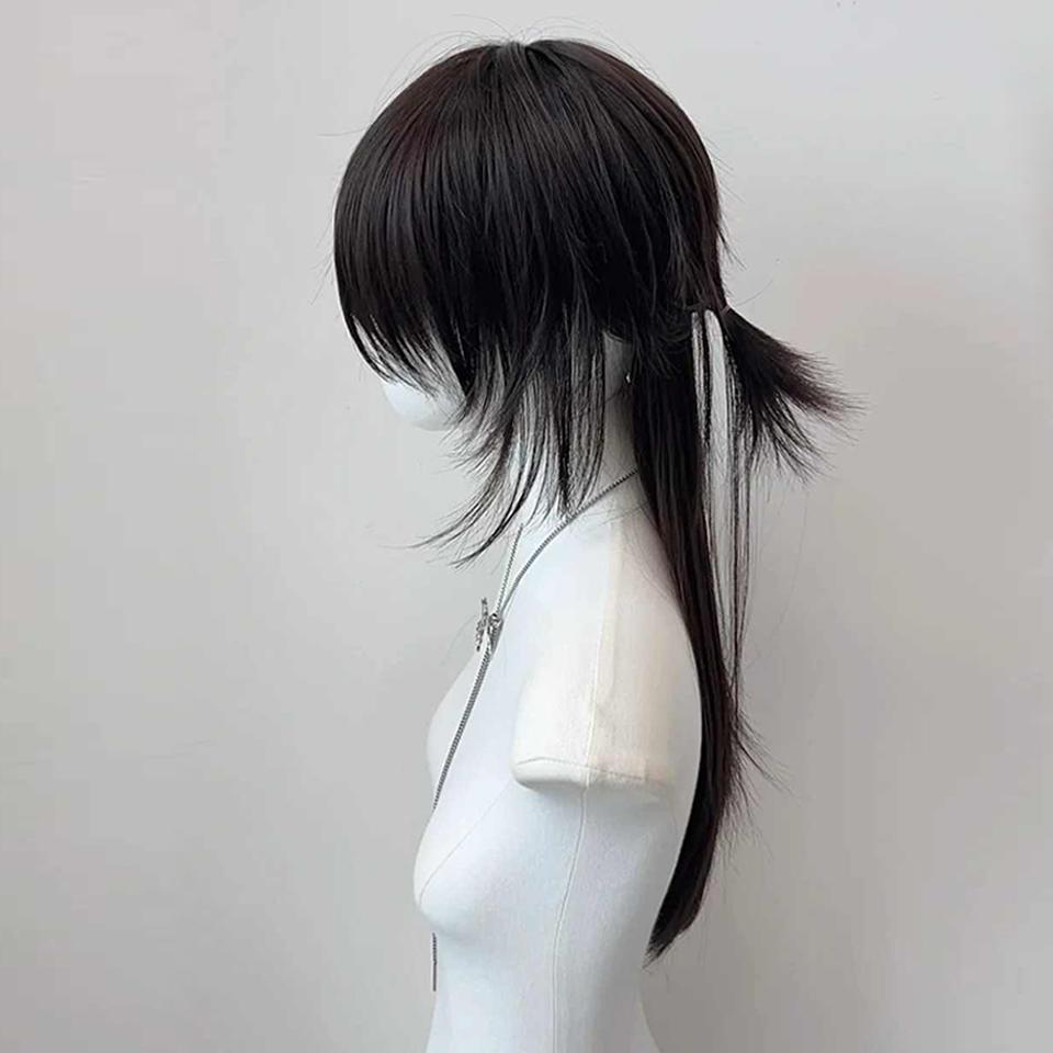 Black Long Straight Synthetic Mullet Head Wig Wolf Tail Layered Fluffy Women and Men Wig for Daily Party Lolita Cosplay Wig