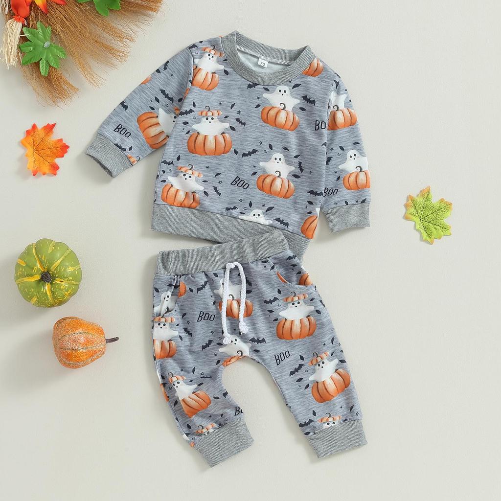 Baby Boys Halloween Clothes Pumpkin Print Long Sleeve Sweatshirt and Elastic Pants 2 Piece Tracksuit for Toddler