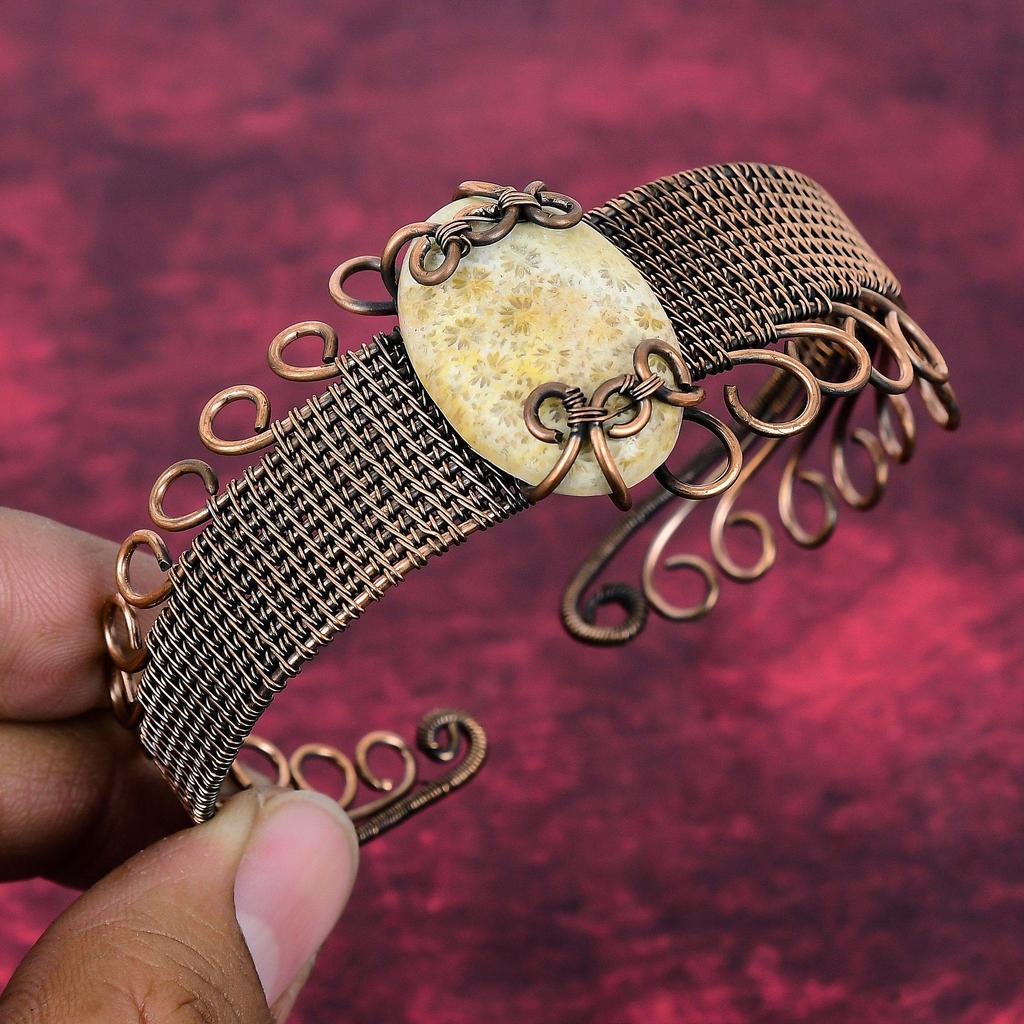 Fossil Coral Natural Gemstone Bangle Copper Wire Wrapped Adjustable Cuff Bracelet