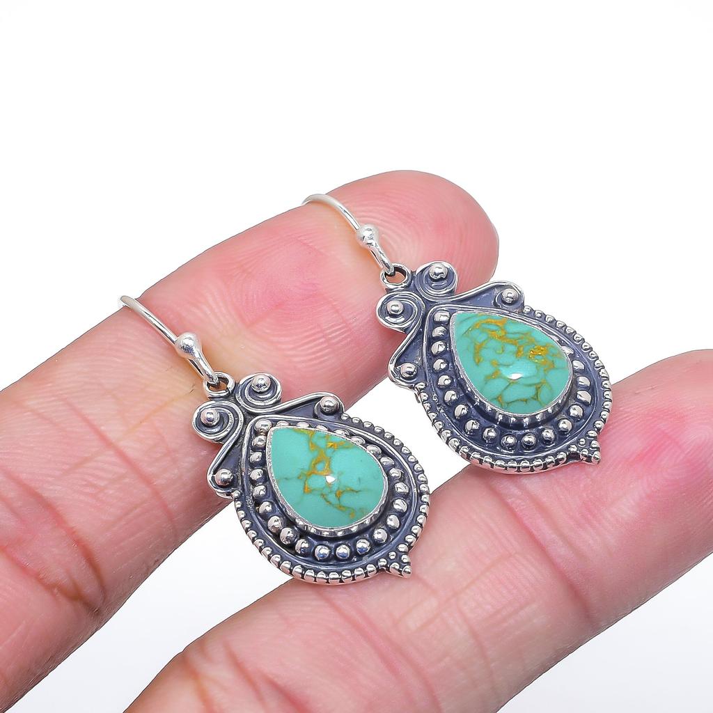 Copper Turquoise 925 Sterling Silver Earring V7399, Cyan Earring, Pear Earring, Valentin's Day Gift, Gift For Her, Birthday Gift, Handmade Jewelry, Si