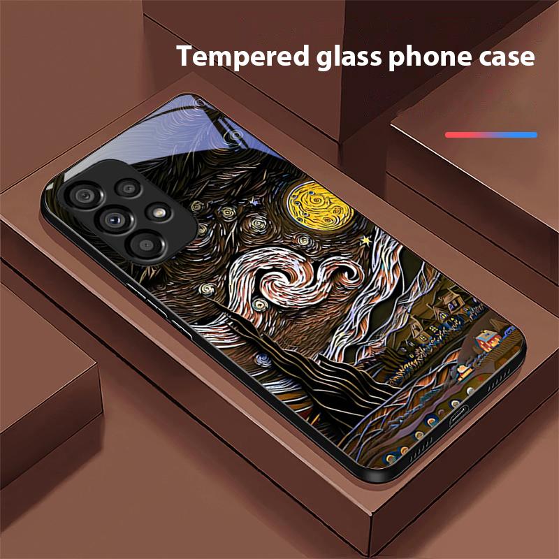 Retro Ölgemälde für Samsung Galaxy S 8 9 10 20 Plus 21 FE 22 23 24 Ultra S7 Edge Schwarz Gehärtetes Glas Handyhülle Hartschale