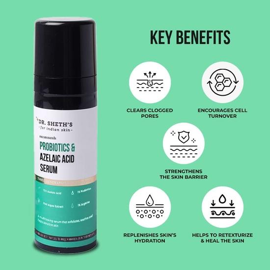 Dr. Sheth's Probiotics & Azelaic Acid Serum For Highly Sensitive Skin | Improves Skin Texture & Reduces Irritation | Lightweight |Unisex | 30 mL