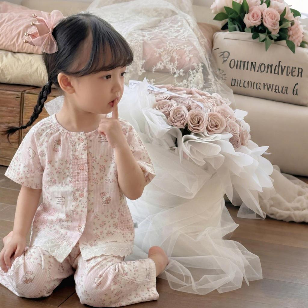 Hey Sweetheart Summer Cotton Gauze Curls Parent-Child Home Wear Set for Kids