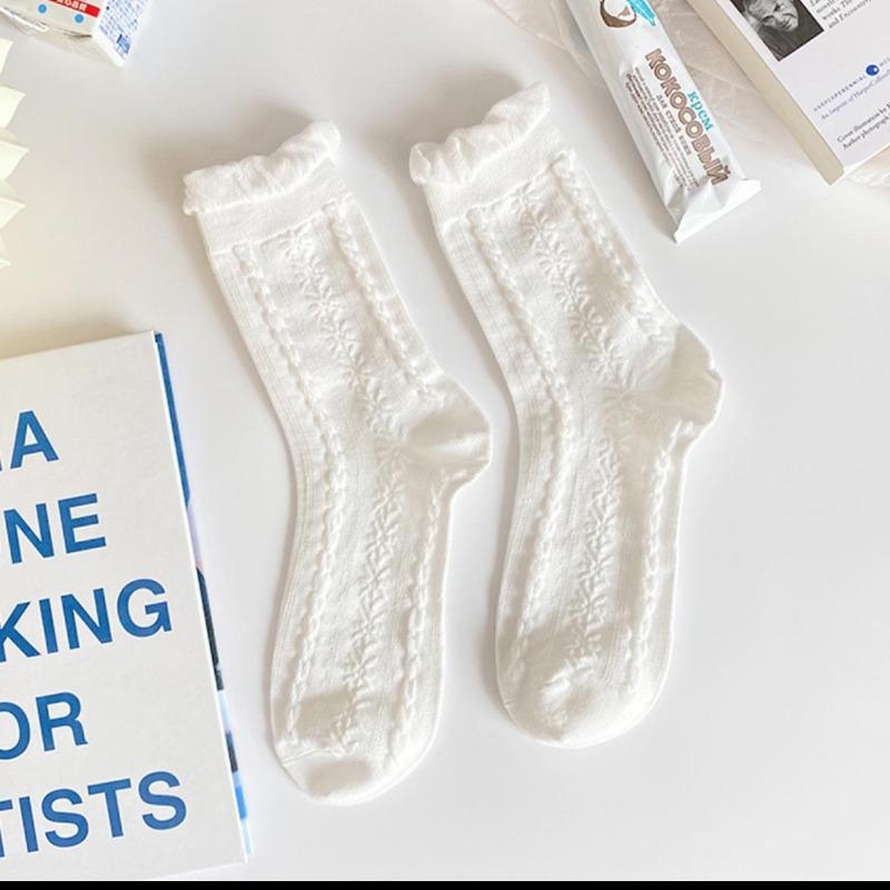 White Mid-calf Socks for Women in Autumn and Winter, Lace Cotton Pile Socks, Trendy Cotton, Sweat-absorbing