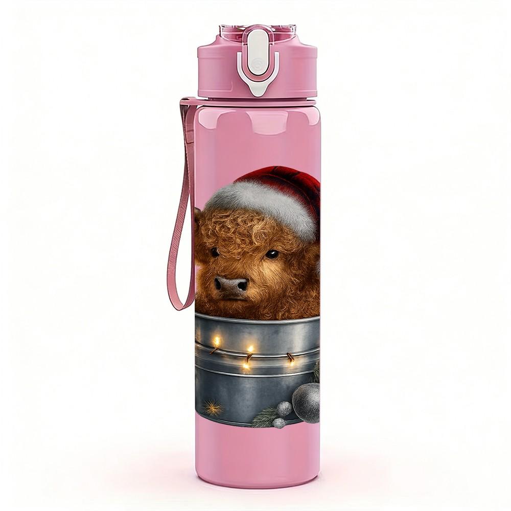 1PC Bear In Bucket Christmas 750ml Color Plastic Sports Water Bottle Leakproof Flip Straw Lid Suitable for Sports Office Home Use