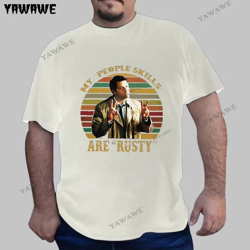 Retro Castiel Supernatural T Shirt Short Sleeve Funny TV Quote My People Skills Are Rusty Tshirt Cotton Tee Tops Leisure Tshirt S