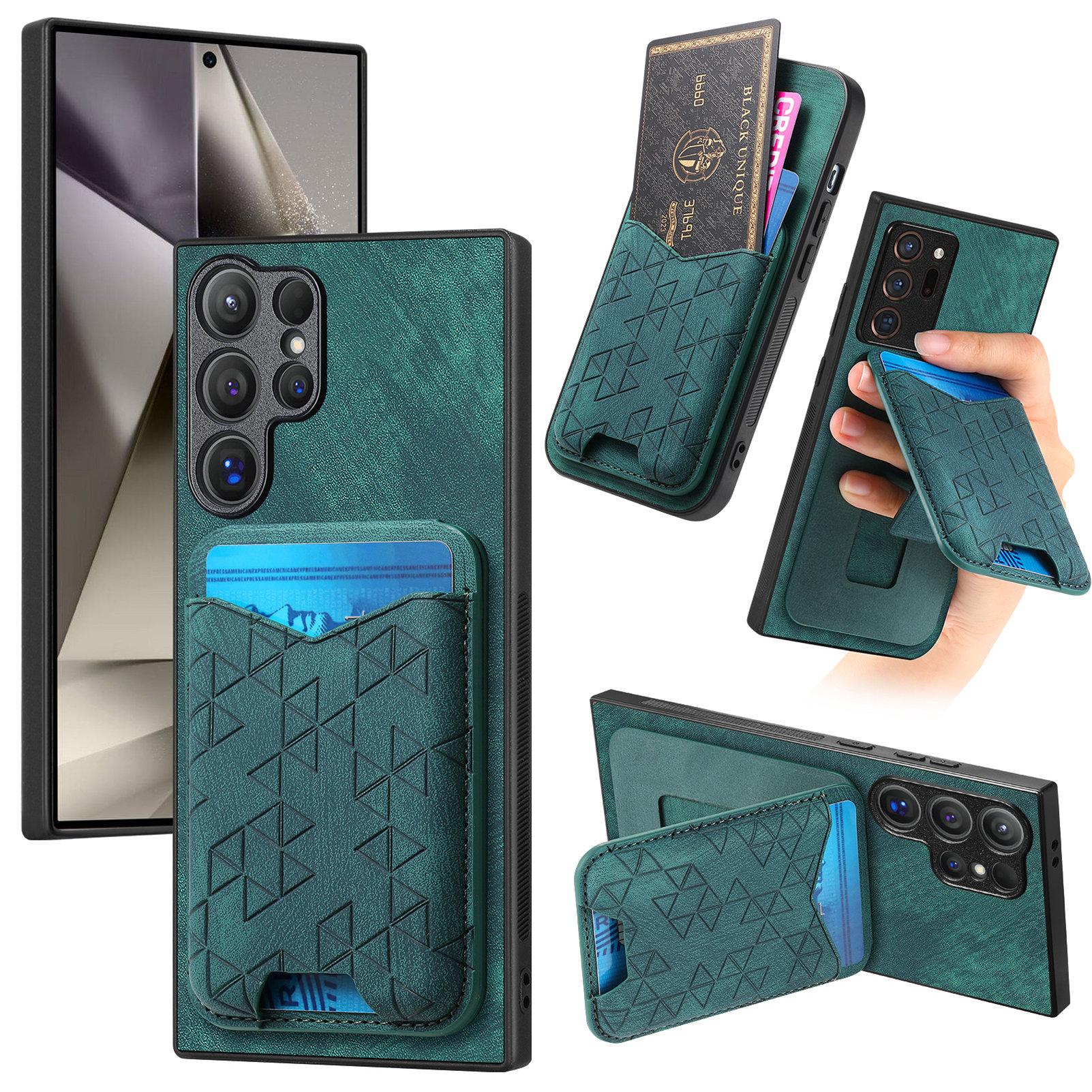

For Samsung Galaxy S25 Ultra Case Imprinted Pattern Card Holder Kickstand Leather Back Cover Green