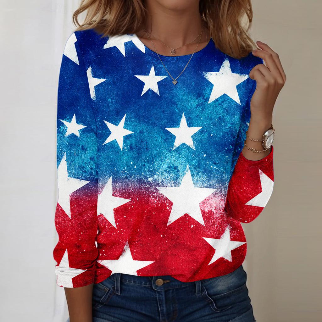 Women's Fashionable Casual Long-Sleeved Independence Day Print Neck Top