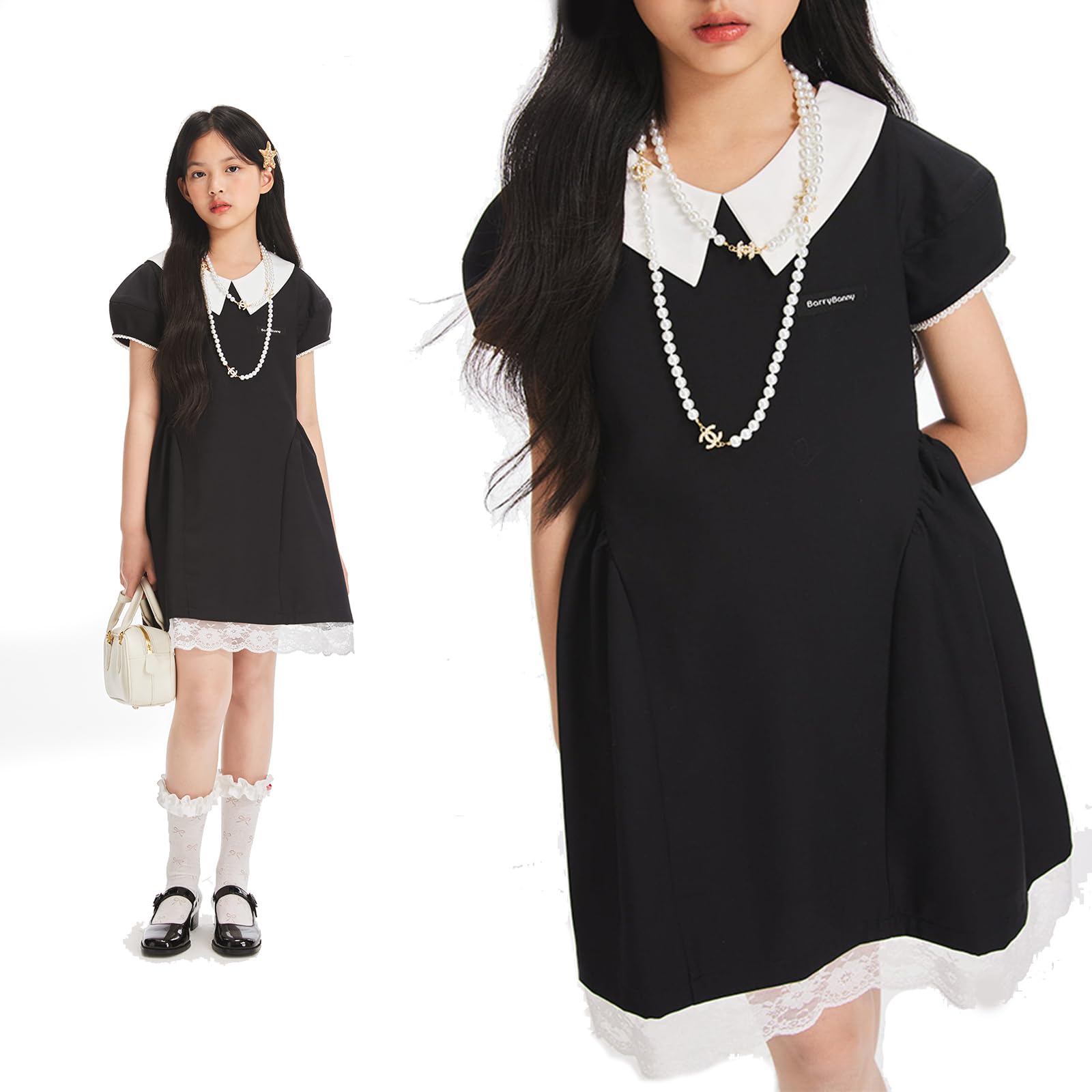 

Barry Banny Formal Short Sleeve Puff Square White Lace Perfect for Size 140 Kids Dress, Black, Sleeves, Collar, Collar, Hem, Lined, Recitals, чёрный