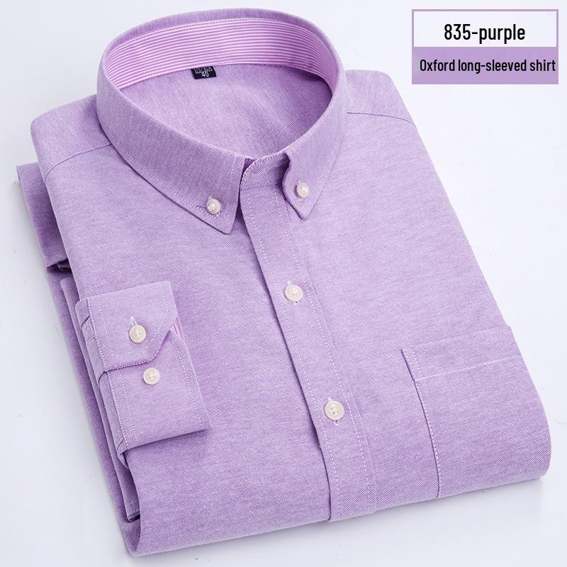 Men's Oxford Cloth Button-Down Shirt - All-Season, Long-Sleeved, Contrast Collar, Casual Cardigan Style for Middle-Aged and Elderly