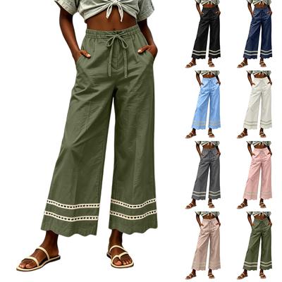 Women's Casual Wide Leg Pants with Drawstring Waist and Pockets Loose Fit Full Length Trousers with Decorative Hem Detail