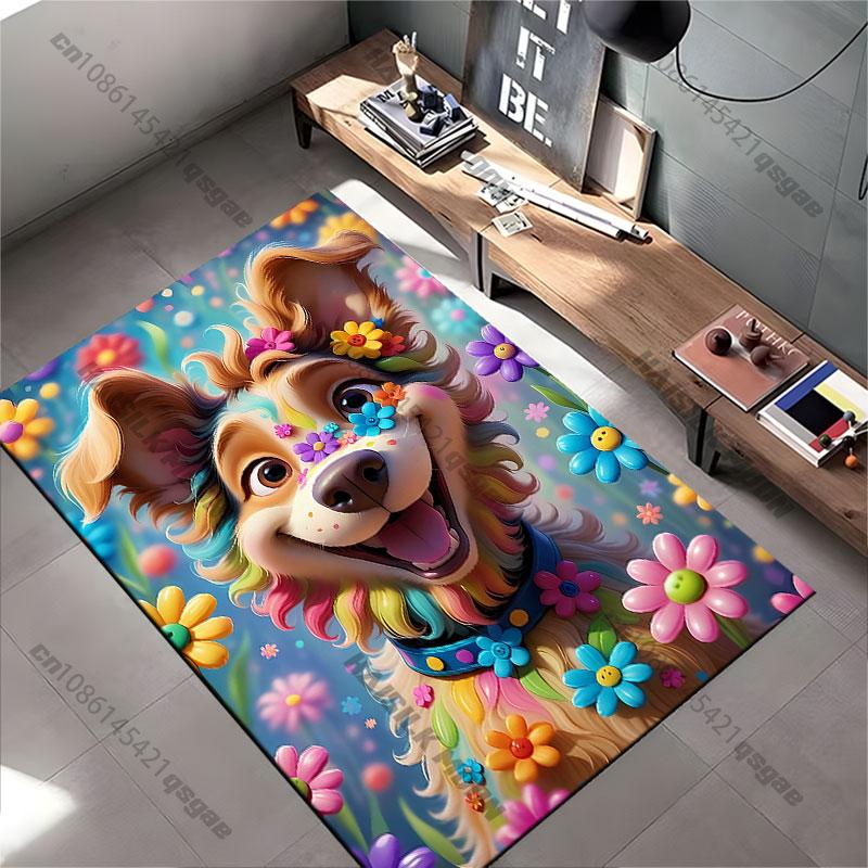 Joyful Colorful Dog with Flowers Carpet Yoga Living Room Room Decor Children's Crawling Mat Doormat Area Rug Games Mat