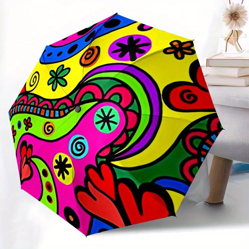 1pc Colorful Abstract Pattern Automatic Folding Umbrella - 8-Rib Iron Frame, Windproof, Portable Sunshade with Plastic Handle for Travel & O