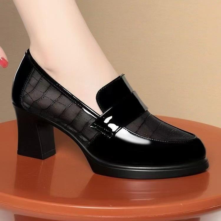 

Женские модные туфли на высоком каблуке Весна/Осень - Сетчатые и кожаные, с вырезами, на среднем каблуке, мягкая кожа, с мягкой подошвой, на массивном каблуке, лоферы2026 34EU/CN35 чёрный