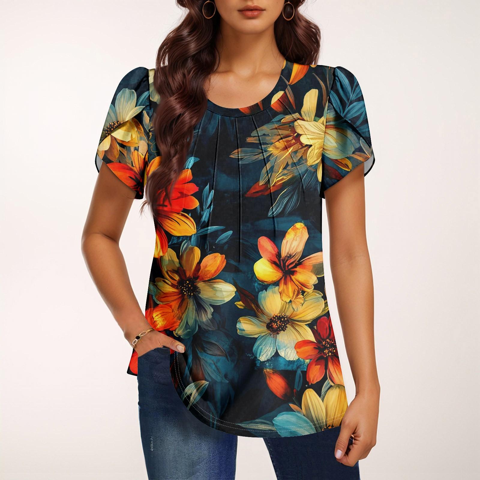 

Женская модная футболка с круглым вырезом и коротким рукавом с принтом, повседневная, базовая, плиссированная, пуловер XL жёлтый