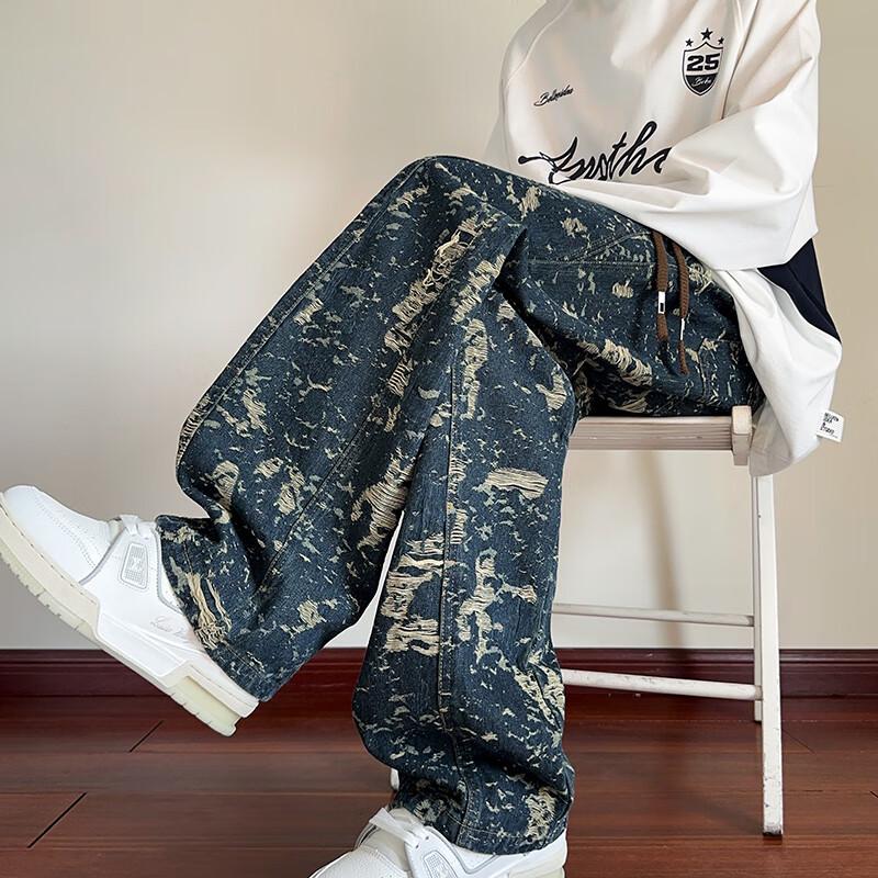 Wassup Sohot Men's American Jacquard Straight Loose Jeans