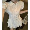 Girlish style, preppy style, white puff sleeve shirt, dress, women's summer temperament, waist, small man, sweet short skirt