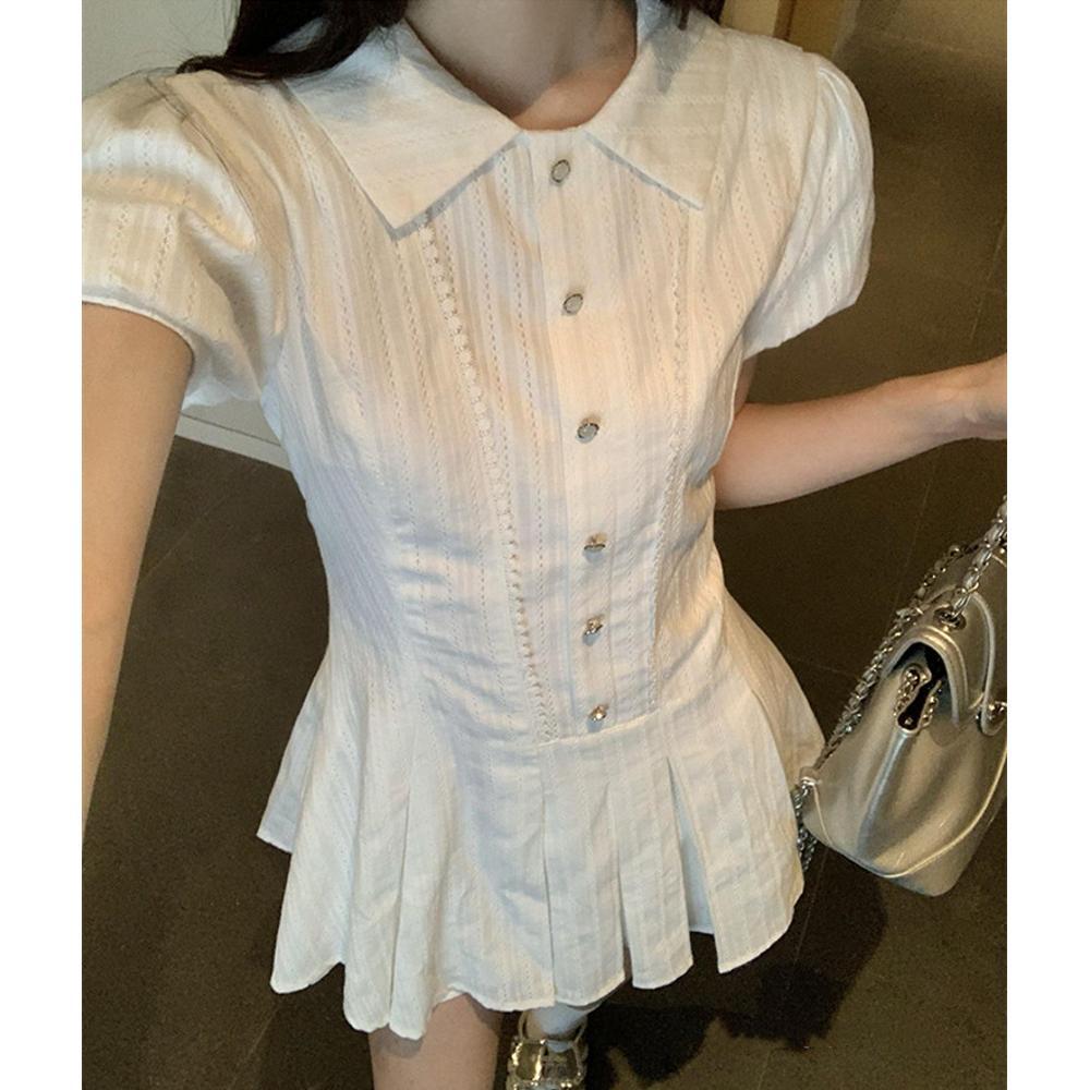 Girlish style, preppy style, white puff sleeve shirt, dress, women's summer temperament, waist, small man, sweet short skirt