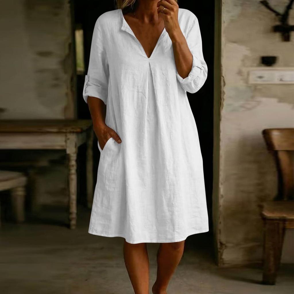 Women Casual Loose Fit V Neck Cotton Linen Dress with Three Quarter Sleeves and Side Pockets for Daily Wear Comfortable Style