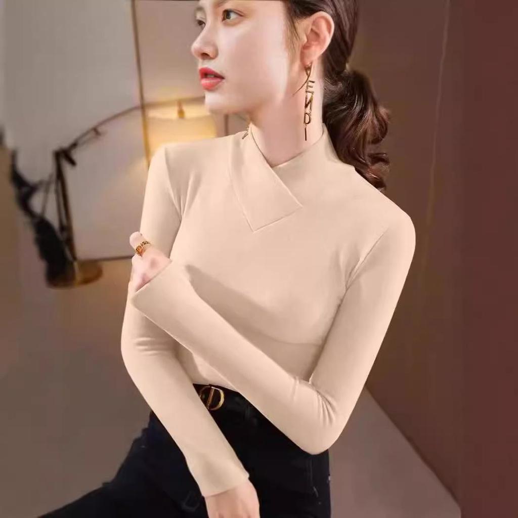 Double-sided Threaded Semi-high Neck Slim-fit Warm Base Layer Top for Women - Autumn/Winter Long-sleeve T-shirt