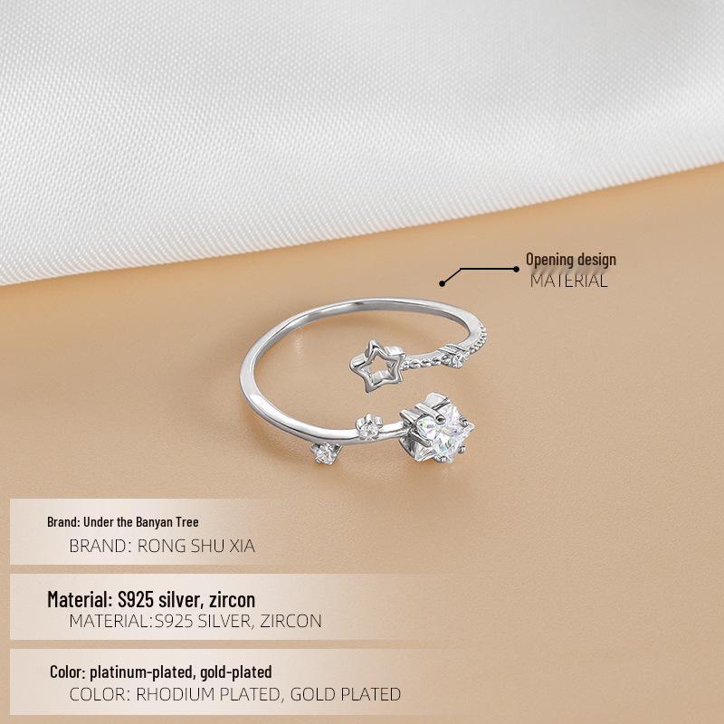 

Banyan Tree S925 Silver Star Zircon Ring - Women s Luxury Hollow Design Adjustable