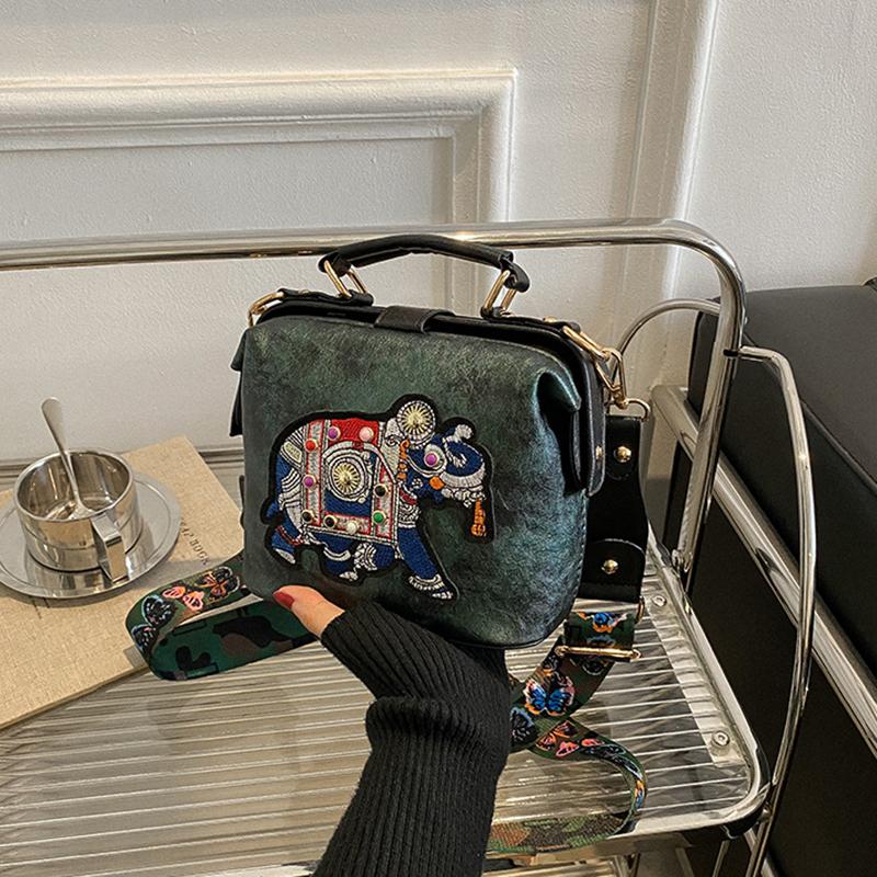 

Винтажная вышитая докторская сумка слон с широким ремешком из искусственной кожи для женщин, сумка через плечо, дизайнерская сумка-тоут, женские сумки, кошельки 18x9.5x14.5cm зелёный