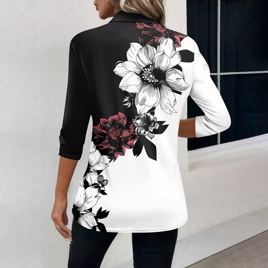 Women's Fashion Casual Lapel Short 3/4 Sleeve Print Shirt Women's V-Neck Button Tops