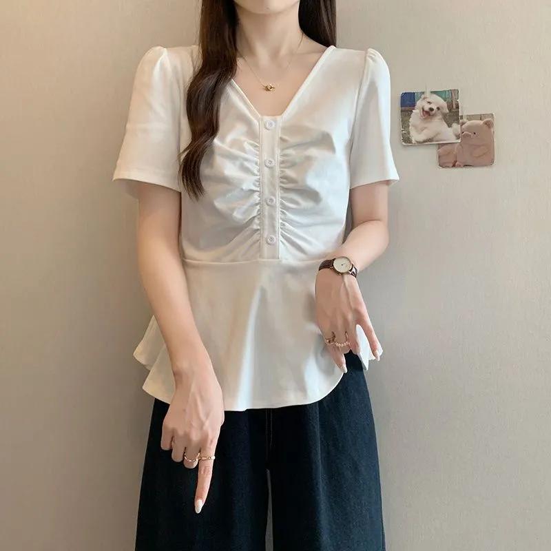 Women's White V Neck Front Ruched Button Short Sleeve Peplum Hem Blouse