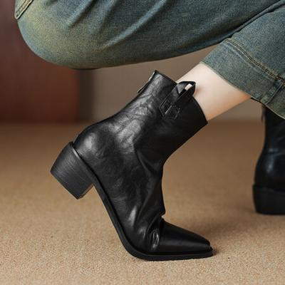Korean Version of the New Women's Martin Boots Medium Heel Large Size Women's Boots Square Head Rear Zipper Leather Boots Autumn and Winter Solid C