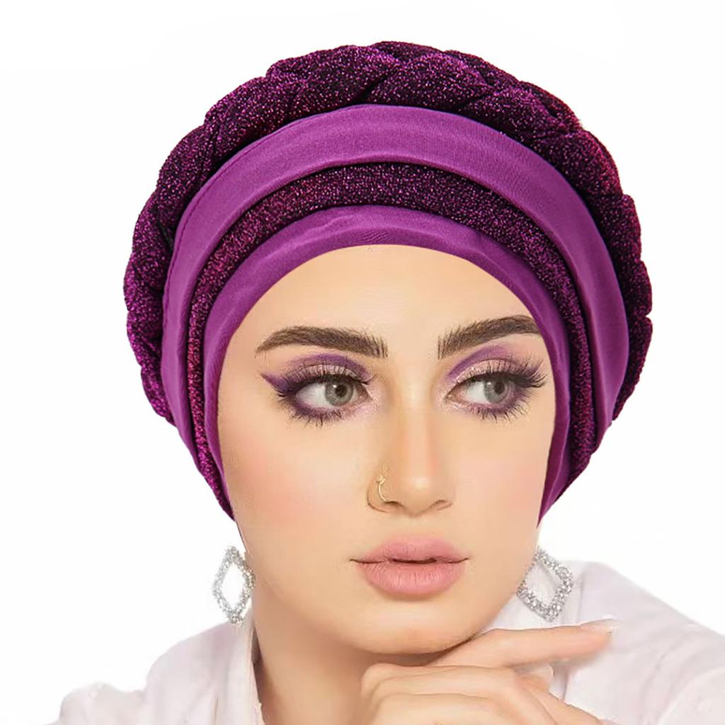 Glitter Pleated Turban Cap for Women Head Wraps Muslim Headscarf Hat Turbante Mujer African Headpiece