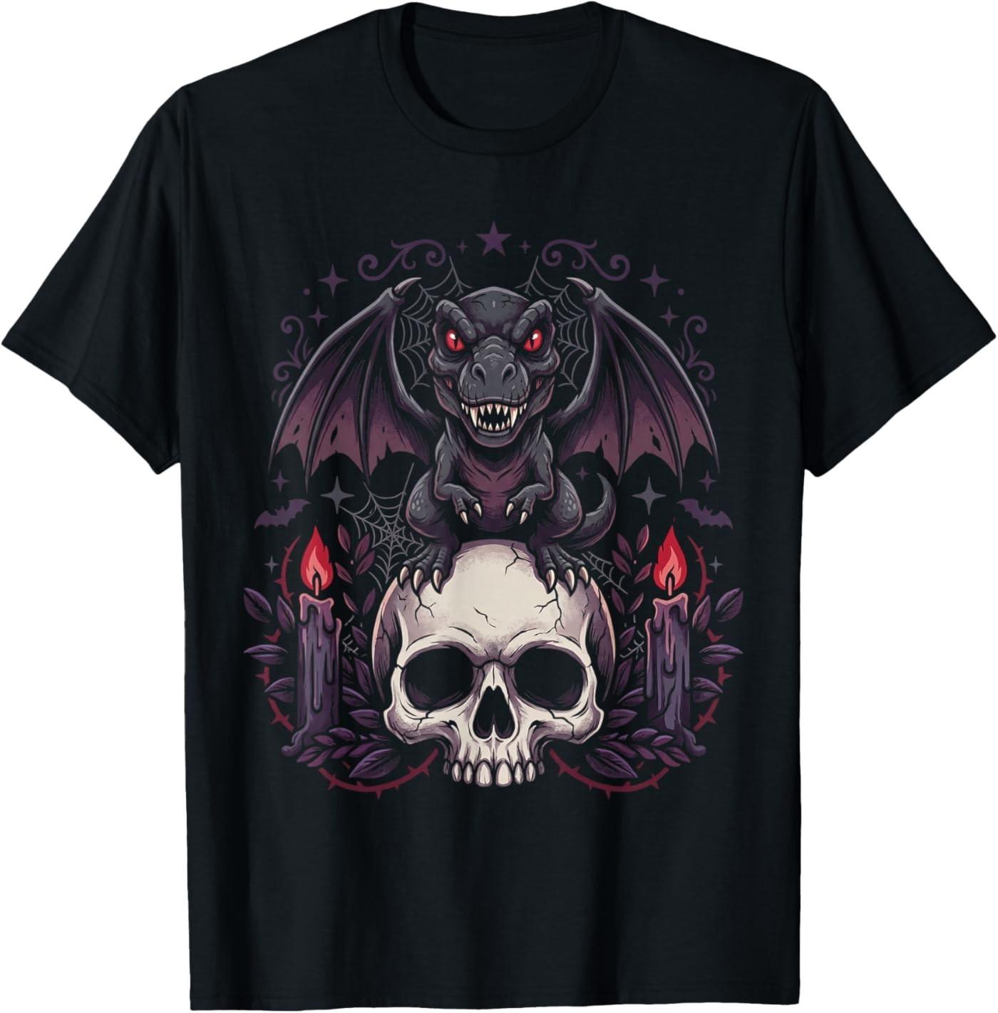 Gothic Dino on Skull Pastel Goth Kawaii Skeleton T-Shirt S