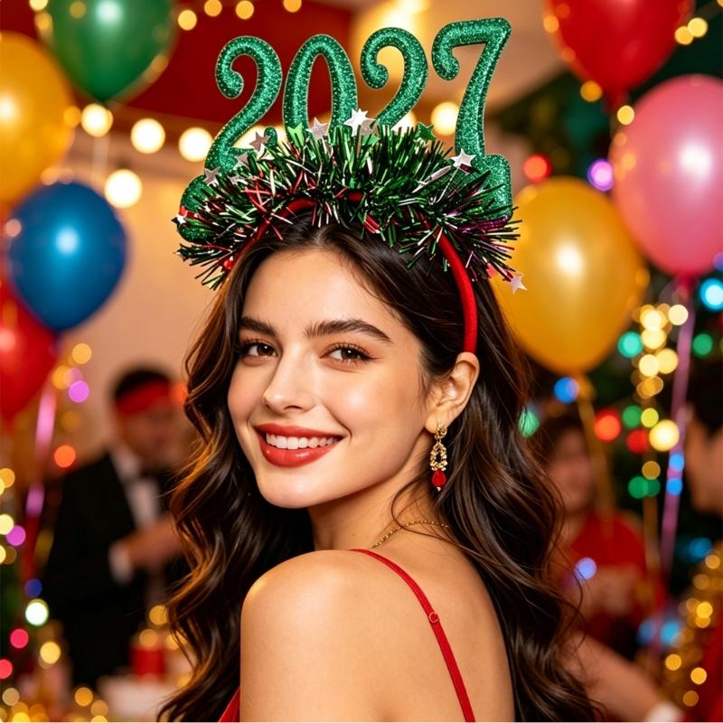 Bentiță Anul Nou 2027 Accesoriu de Păr Festiv pentru Petreceri de Crăciun cu Detaliu Cifra Strălucitoare și Ornamente cu Stele Mici