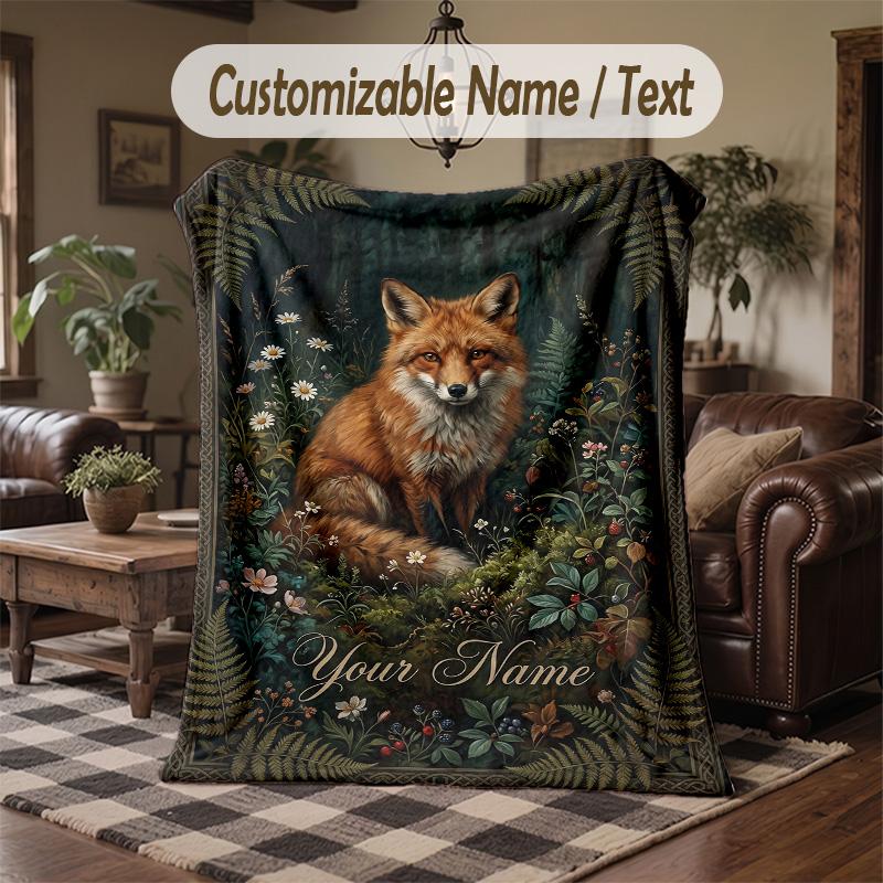 Fox Flowers Poster Theme Throw Blanket Custom Name Text Personalized Blanket Soft Cozy Blanket for Home Sofa Bed