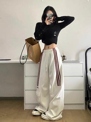 Pruhované tepláky Ženy Streetwear Cargo Kalhoty Harajuku Wide Leg Joggers Vysoký pas Baggy Sportovní kalhoty
