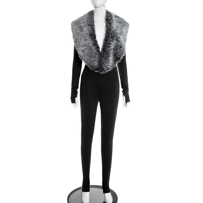 European Fashion Spicy Girl Autumn/Winter 2025 Women's Long Sleeve Fur Bodysuit Tights