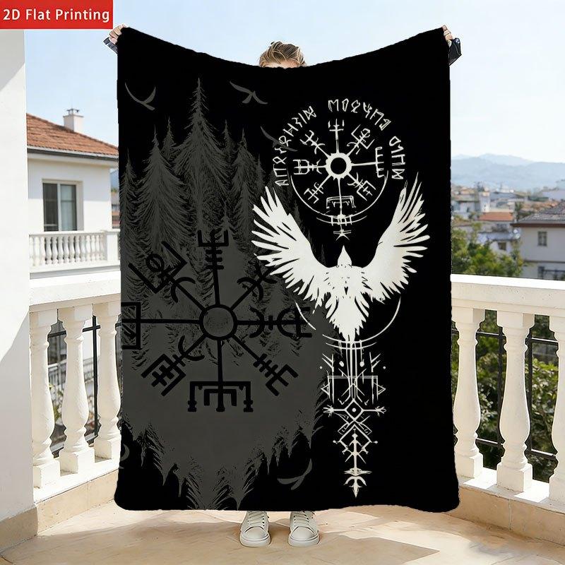 Nordic Viking Totem Illustration Blanket Mythical Tribal Symbol Soft Warm Cosy Throw for Bed Sofa Living Room Travel Gift