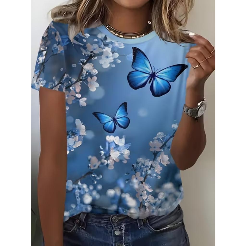 Camiseta Colorida com Estampa de Borboletas para Mulheres, Camiseta Casual Engraçada com Gola Redonda e Mangas Curtas, Camiseta Feminina de Verão