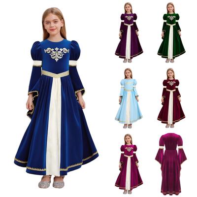 Costume da Principessa Medievale per Bambine: Abito Rinascimentale con Maniche a Campana, Stampa Dorata e Cintura per Festa a Tema & Halloween