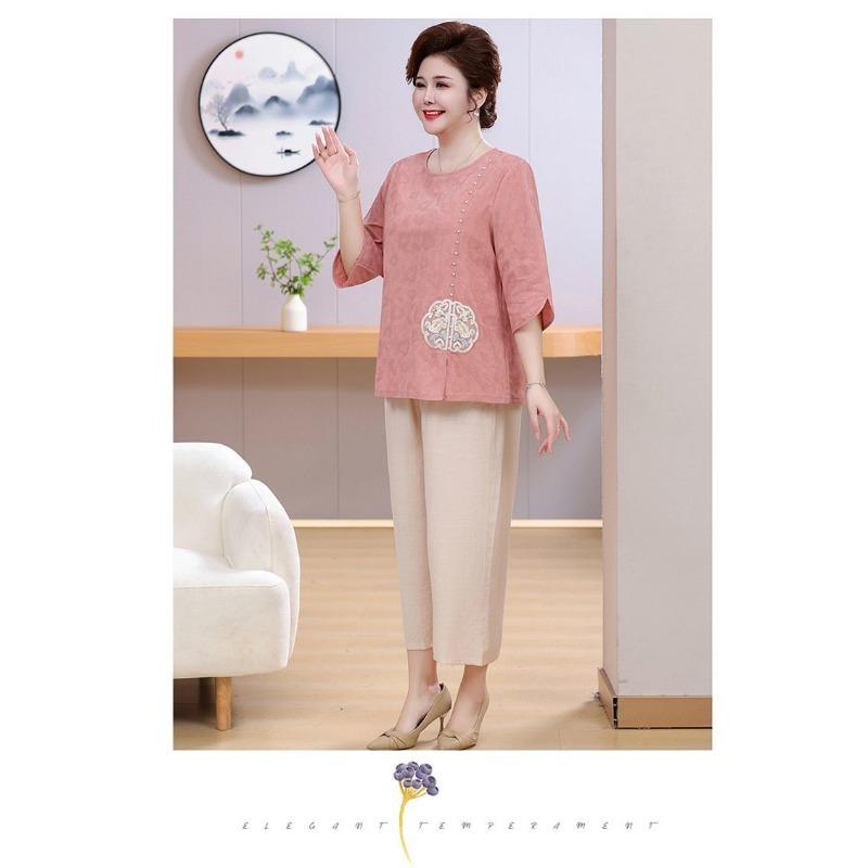Summer Dress with Three-quarter Sleeves Plus Fat for Middle-aged and Elderly People New Chinese Style National Style Embroidery