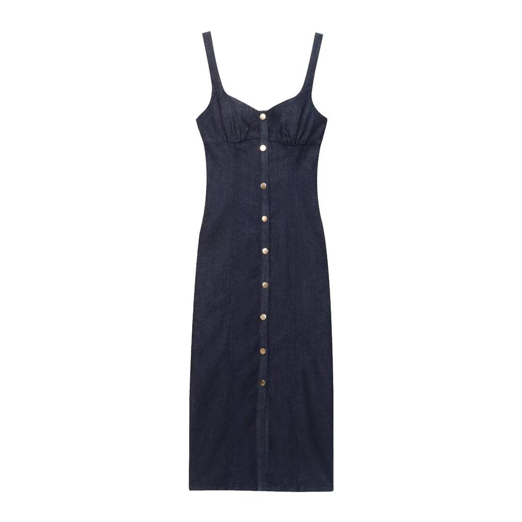 Summer New Women's Single-breasted V-neck Sleeveless Suspender Denim Midi Dress