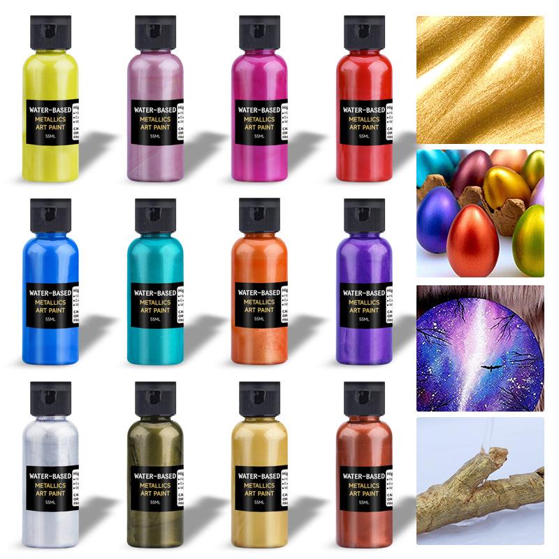 

12-Color Water-Based Metallic Paint 55ml Rustproof Fade-Resistant Pigment for DIY Crafts Metal Surfaces 55ml